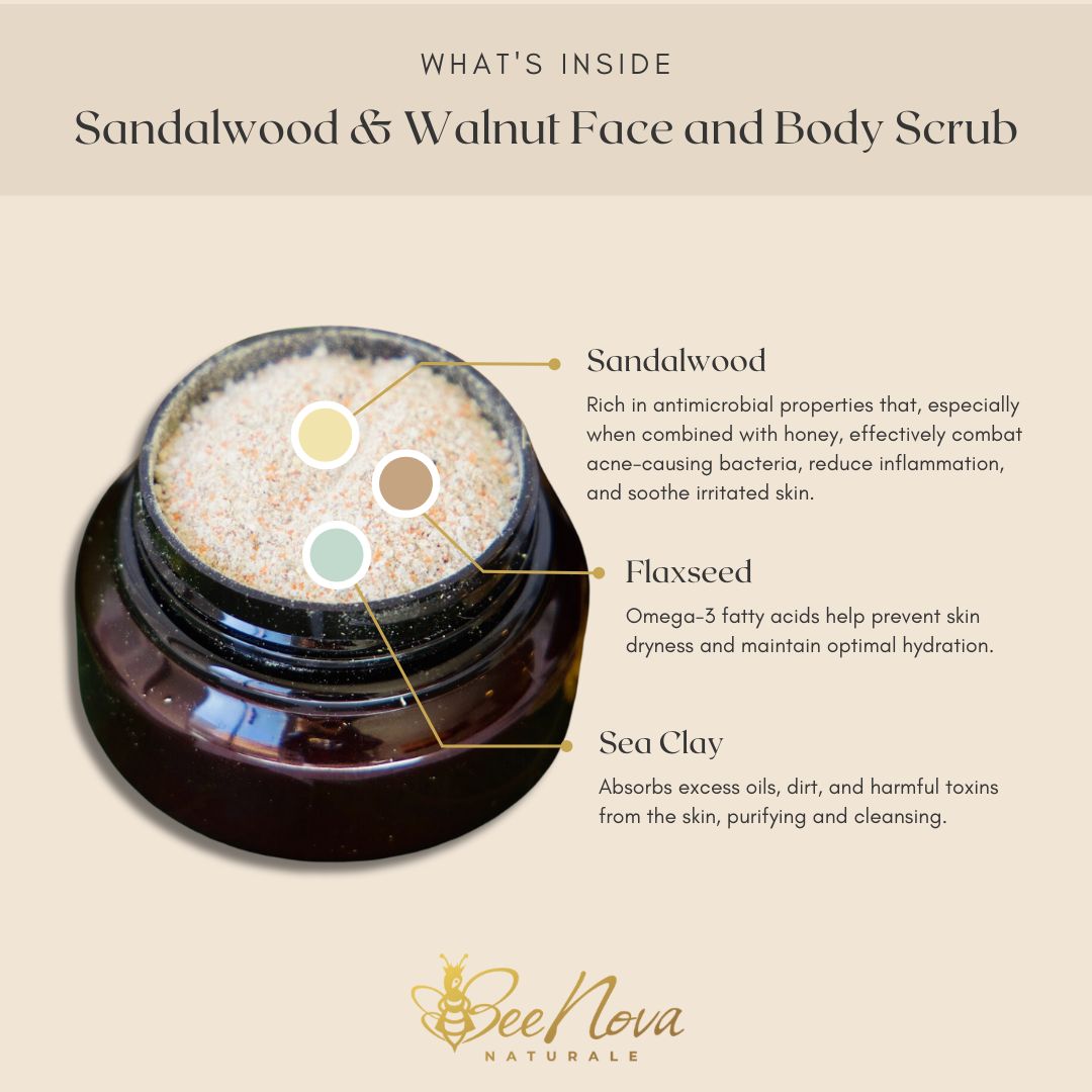 "Sandalwood & Walnut"  100% Natural, Face & Body Scrub With Traditional  Natural  Cleansing Grains